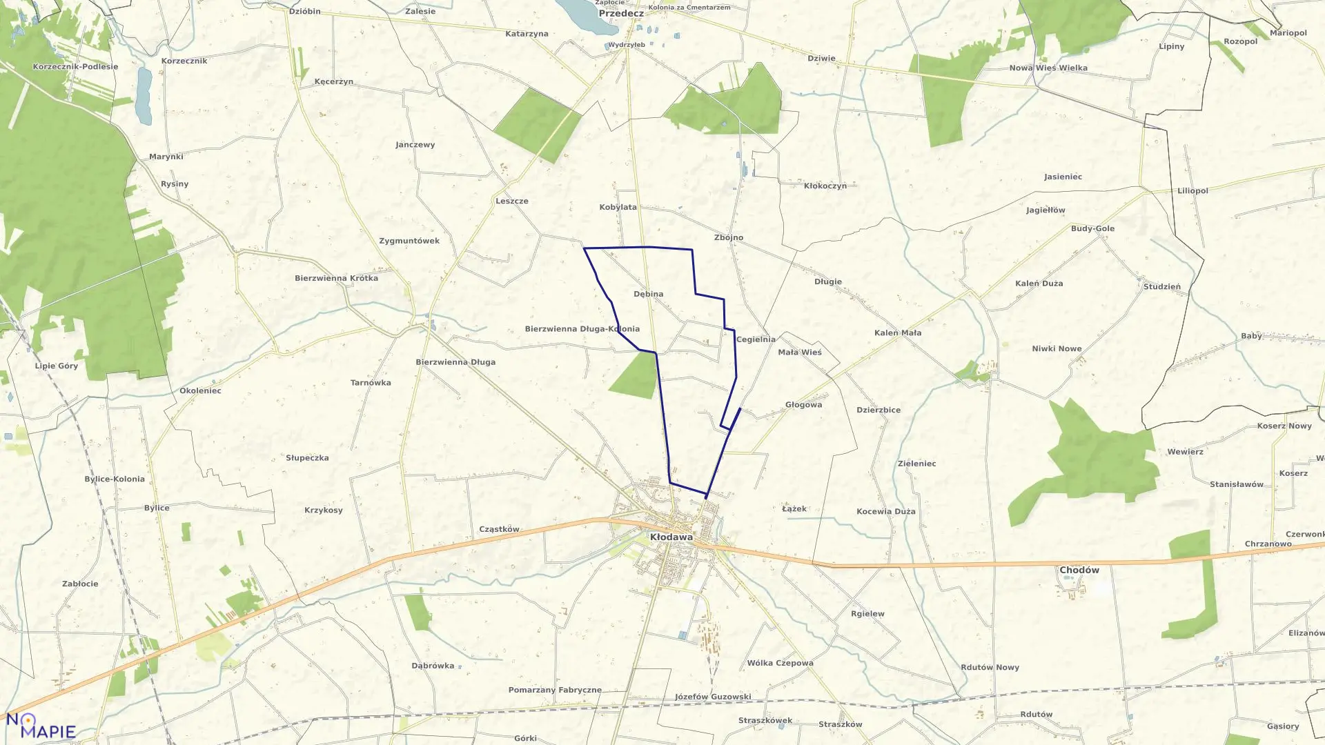 Mapa obrębu DĘBINA w gminie Kłodawa